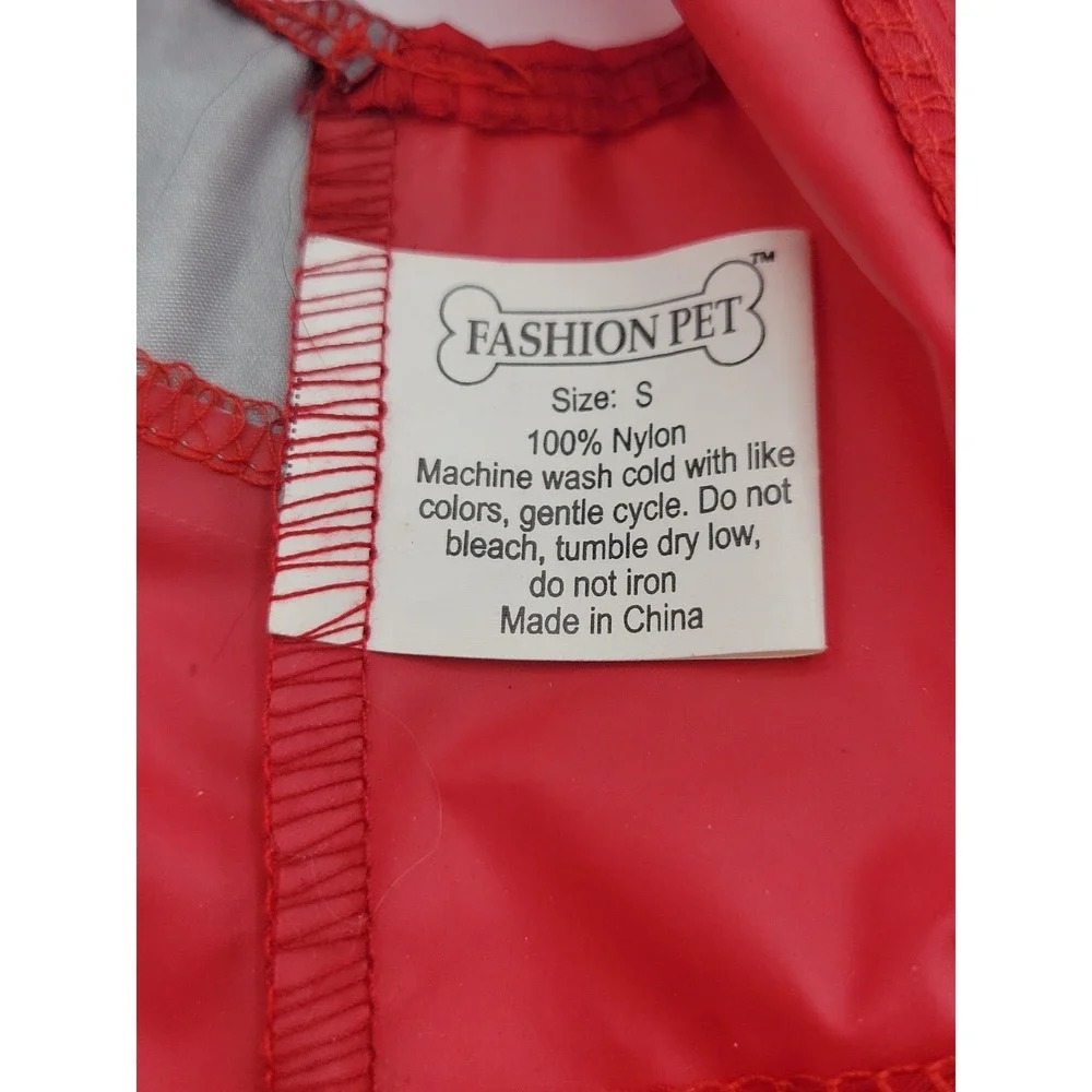 Dog Rain Jacket Nylon Red Hooded Size Small Zipper Pocket Hook & Loop Closure